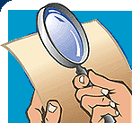 Hand holding magnifying glass inspecting a resume.